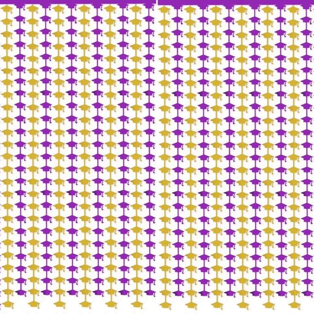 2 Pack Graduation Cap Metallic Foil Fringe Curtain, Gold&Purple(3.3x6.6ft) | Grad Hat Shaped Tinsel Streamers Photo Props Backdrop for College Graduation Party Supplies, Prom 2026 Decorations