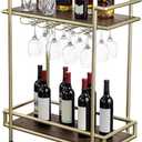MyGift 2 Tier Rolling Bar Cart, Vintage Brass Tone Metal Cocktail and Trolley with Burnt Wood Shelf Trays, Glass Stemware Holder Rack and Lockable Wheels