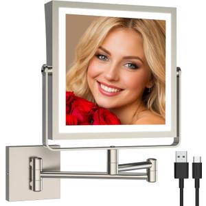 Ruacq Rechargeable Wall Mounted Makeup Mirror with Lights, Double Sided 1X/10X Magnifying Vanity Mirror with 3 Color Light, Touch Screen Dimmable, 360 Rotation Extension Foldable Arm(Brushed Nickel)