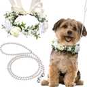 2 Pcs Dog Flower Collar Wedding and Leash Set Pearls for Dogs 120 cm 4 ft Pearls Beaded Dog Leash Dog Collar Bows for Wedding Adjustable for Medium Dogs Floral Collars Pet (Small)