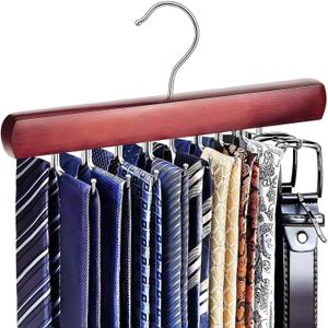 Tie Rack Hanger for Closet, Wooden Tie Hangers for Men with 18 Folding Hooks, Space Saving Tie Holder Neck Tie Organizer for Men Ties, Belts, Bras, Scarves, Tank Tops (Mahogany)