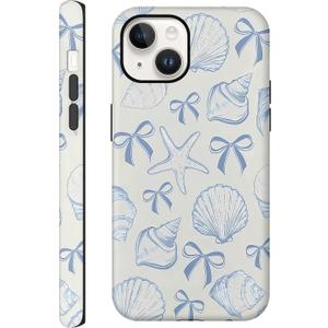 Aesthetic Cases for iPhone 14, Blue Bow Seashell Design, Hard Hybrid 2-Layer Protective Cover for Women Girls