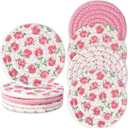 Whaline 4Pcs Pink Flower Coasters Spring Handmade Braided Cotton Coasters Pink Rose Round Anti Slip Absorbent Drink Mats for Home Office Restaurant Housewarming Gifts, 4.3  4.3 inch