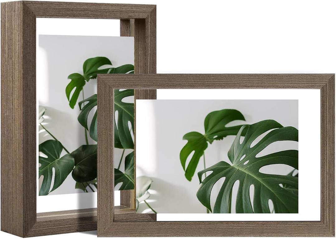 Egofine 4x6 Floating Frames Set of 2, Double Plexiglass Picture Frame, Made of Solid Wood Display Any Size Photo up to 4x6, Wall Mount or Tabletop Standing, Brown