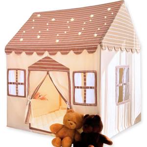 Large Cotton Tent for Kids - 50"x43"x63" Indoor Playhouse with Wooden Frame & Battery Lights, Kids Tent with Carry Bag, 3 Windows & 2 Pockets, CPSC Certified Play House for Girls and Boys