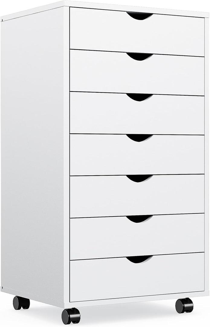 OLIXIS 7 Drawer File Cabinet on Wheels, Printer Stand | Fits Under Desks, Wood Storage Organization Holds Printer, Office Supplies, Not For Hanging Files, For Home Office Use White