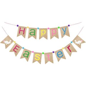 GCQQ Happy Easter Banner, No DIY Easters Bunny Banner Garland, Pastel Burlap Easter-Banners Decorations with Pompom Ball, Cute Easters Bunting Banners for Fireplace, Mantle or Outdoors Decoration