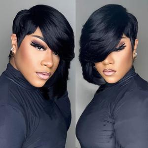 Short Pixie Wigs for Black Women Black Pixie Cut Wig Human Hair Short Wigs with Long Side Bang Soft Real Human Hair Glue less Layered Wigs with Bangs Full Machine Made (54H#)