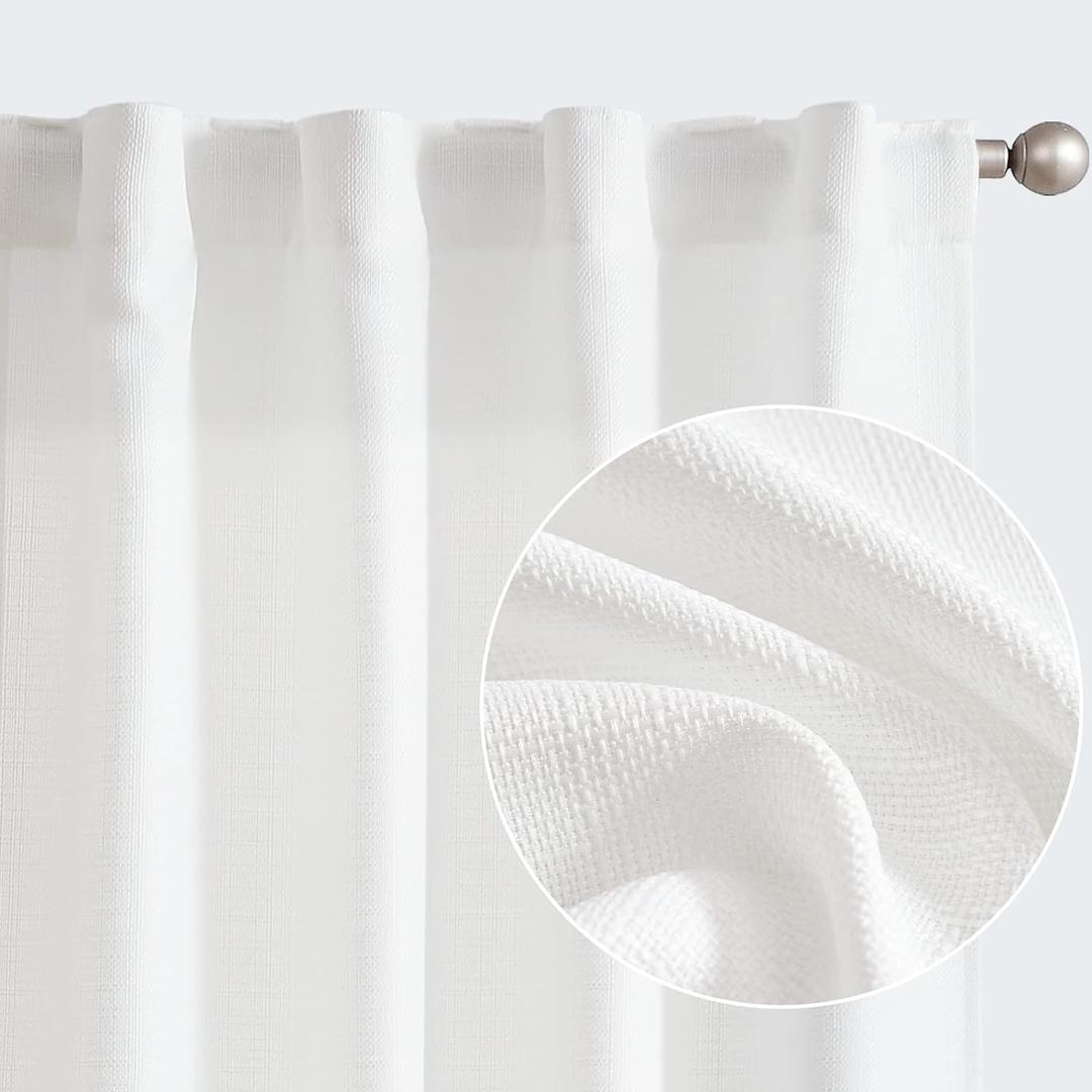 Jinchan White Linen Textured Curtains for Living Room Bedroom - 90 Inches Long Farmhouse Country Drapes, Light Filtering Back Tab Window Panels, 2 Pack