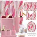 Bathroom Set - Pink and Gold Bathroom Accessories, Bathroom Sets with Shower Curtain and Rugs, Pink Shower Curtain Set with Bathroom Trash Can, Soap Dispenser, Soap Dish for Home Decor