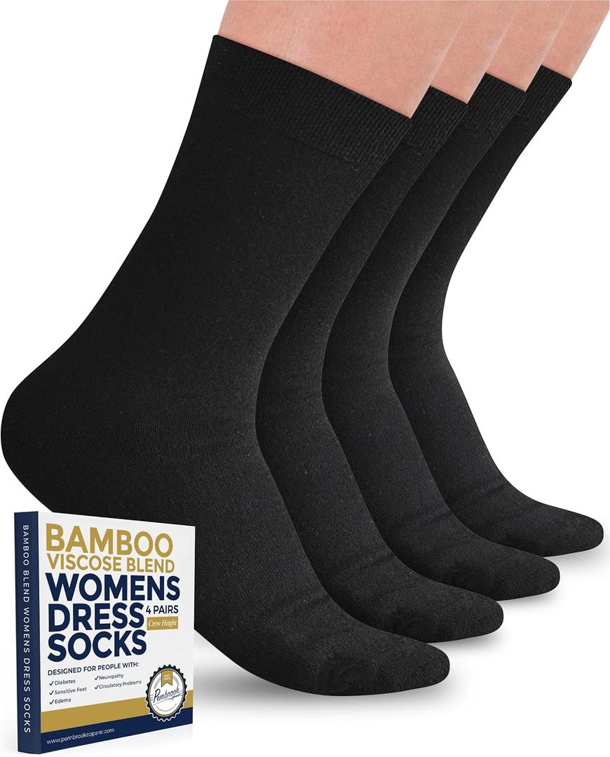 Pembrook Bamboo Viscose Dress Socks Women - 4 Pairs Crew Trouser Socks Women | Moisture Wicking Thin Socks Women (Medium)