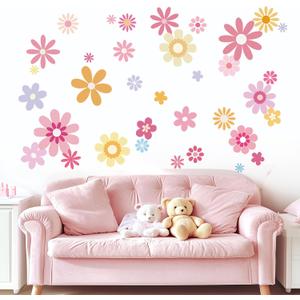 38Pcs Colorful Flowers Wall Stickers Cute Cartoon Pink Yellow Floral Wall Decals Peel and Stick for Nursery Room Girl's Bedroom Play Room