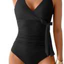 B2prity Women's One Piece Swimsuit Tummy Control Slimming Bathing Suit V Neck Swim Suit Color Block Tie Side Swimwear, Large