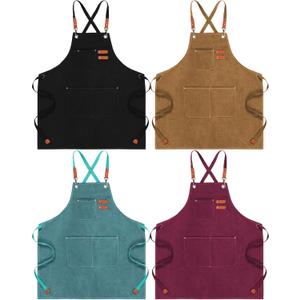 Toulite 4 Pack Canvas Chef Apron for Men with Adjustable Strap Cross Back Cotton Barber Apron with Pocket, 26 x 30'' (Camel, Black, Brick Red, Emerald)