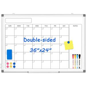 Monthly Calendar Dry Erase Whiteboard for Wall, 36" x 24" Double-Sided Calendar White Board, Magnetic Portable Board for Office, Kitchen, School, Home (Silver Frame)