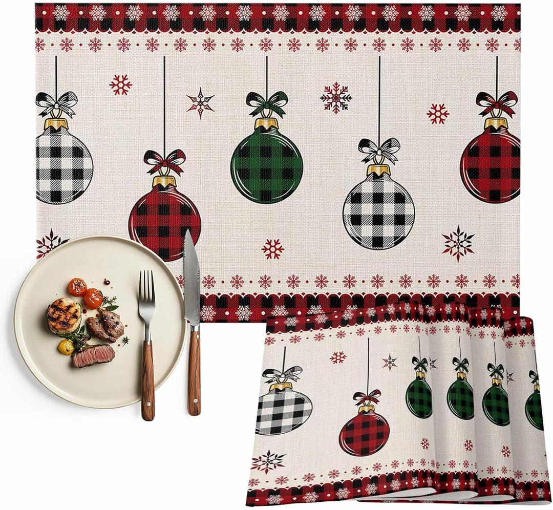 Christmas Placemat Xmas Ball Buffalo Plaid Place Mats for Dining Room Dinner Table Snowflake Washable Table Mats Kitchen Decorations Set of 6