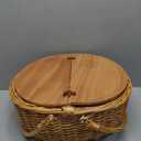 Wicker Picnic Basket with Cooler, Wooden Split Lid Picnic Basket, Vintage-Style Wicker Picnic Hamper with Folding Woven Handle for Picnic, Camping, Outdoor, Valentine Day, Thanks Giving, Birthday