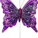 Set of 12 Glitter Monarch Feather Butterflies on Wire for Floral Arrangements and DIY Decorations (Purple/Silver)