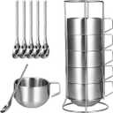 Stackable Stainless Steel Mugs, Set of 6 with Spoons & Stand, 250ml Cups for Drinks Latte Cappuccino Tea, Coffee Cup for Housewarming Birthday Gift