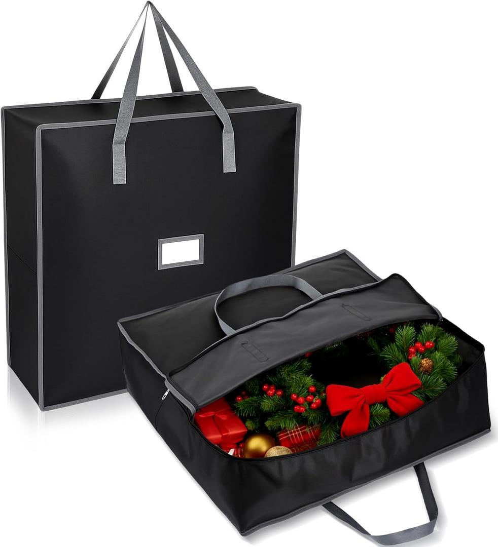 SATINIOR 4 Pack Christmas Wreath Storage Container Card Slot Durable Handles and Double Zipper Storage Container Large Square Gift Bag Organizer for Holiday Xmas Garland Decoration (Oxford,24 Inches)