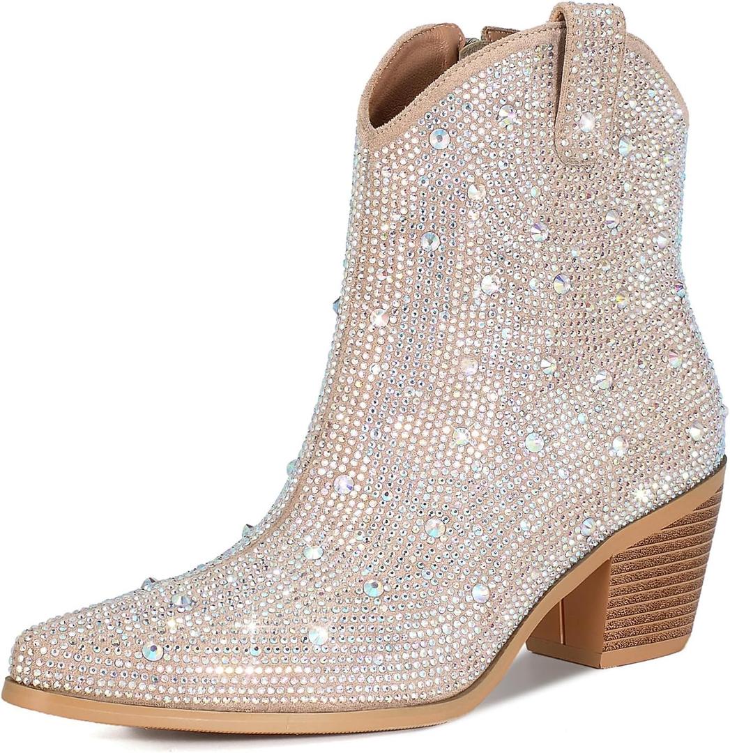 FIFSY Women Rhinestone Cowboy Boots Glitter Chunky Heel Sparkly Cowgirl Ankle Boots…,8.5 (Pink)