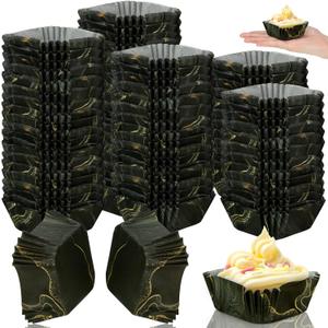 Tanlade 350 Pcs Square Mini Cupcake Liners Disposable Brownie Baking Pan Liners 1.77 Inch Paper Baking Cup for Cup and Cupcakes Party Supplies for Weddings Birthdays Bridal Showers(Black Marble)