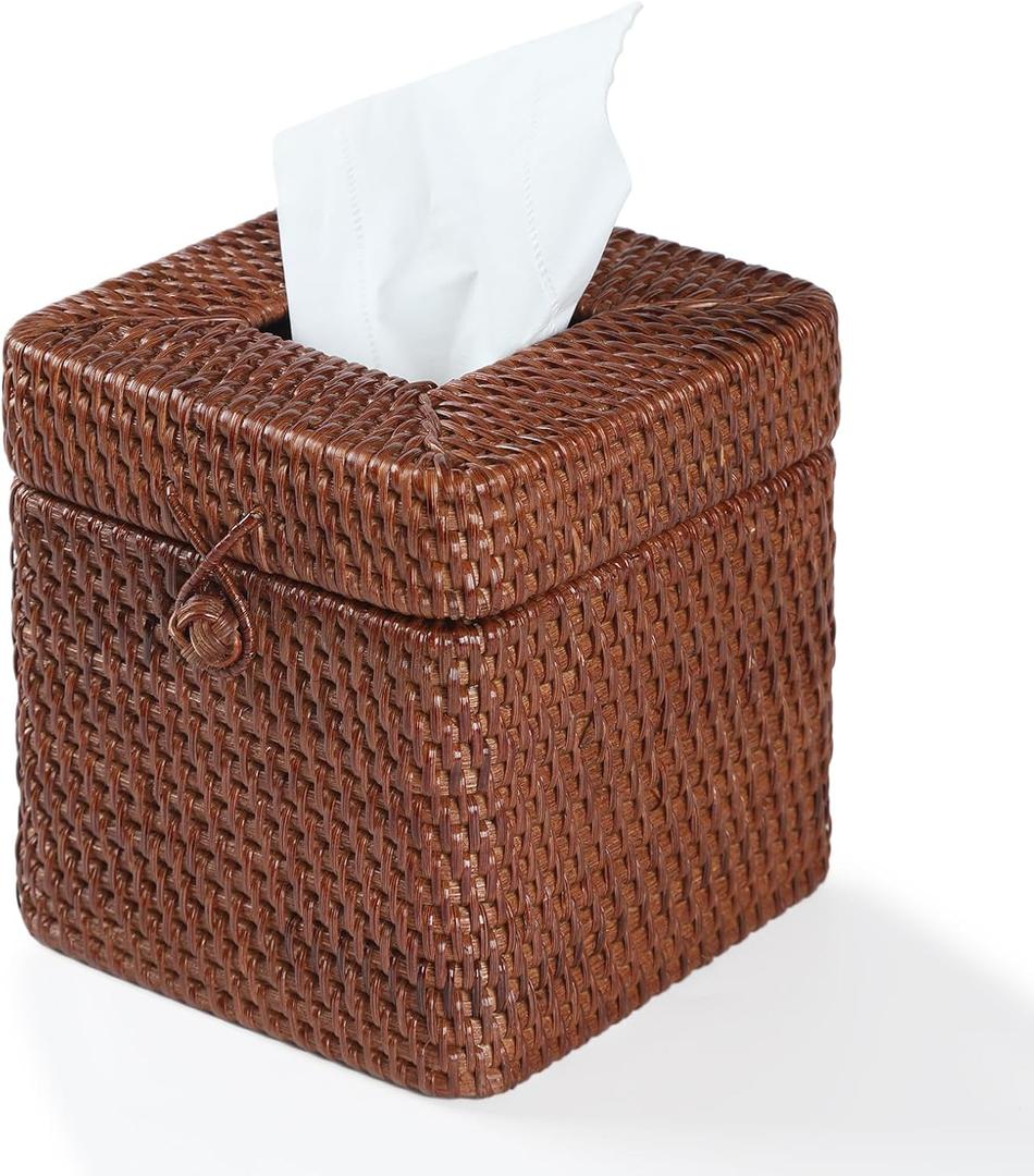 Rattan Square Tissue Box Cover, 5.7" x 5.7" x 5", Decorative Woven Facial Tissue Holder with Hinged Top Lid, Brown