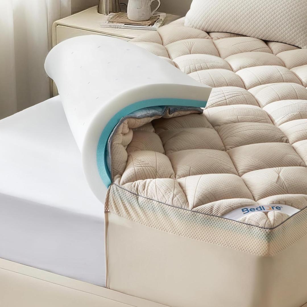 Bedlore 4-Inch Queen Mattress Topper for Back Pain - Dual Layer Medium Support (2" Gel Memory Foam + 2" Cooling Fluffy Pillow Top Pad), Breathable & Pressure Relief (Beige)