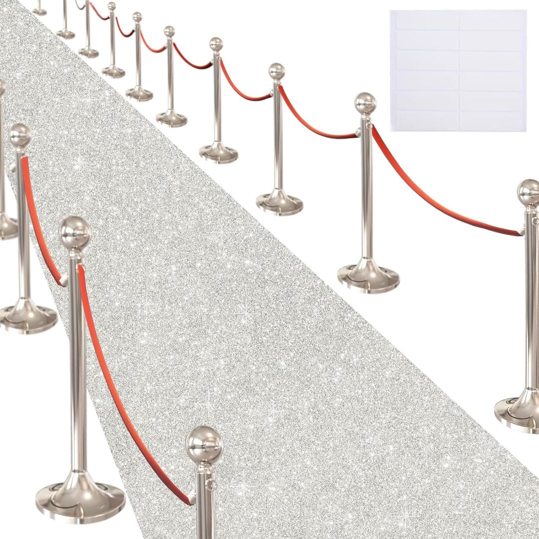 Glitter Carpet Runner for Party -200 GSM Thickness Non-Woven Fabric Runner Rug with Adhesive Tape, Hollywood Carpet for Event, Aisle Runner for Wedding Ceremony (Glitter White, 2.6FTx30FT)