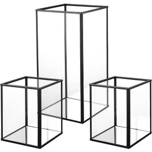 Phosphor Small Hurricane Candle Holder Set of 3 Pieces, Black Glass Candle Holder for Wedding, Party, Holiday.