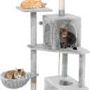 54 Inch Multi-Level Cat Tree Tower with Hammock, Condos & Scratching Posts, Large Cat Furniture for Indoor Cats with Pompoms, Light Grey