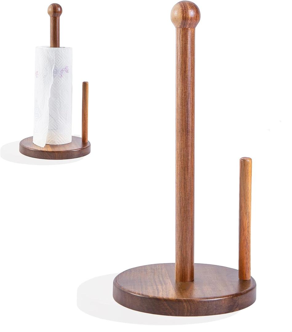 14" Acacia Wooden Paper Towel Holder, 6.7" Large Heavy Base Wooden Kitchen Towel Roll Stand Organizer Free Standing, Rustic Farmhouse Paper Towel Holder Stand, Standing Paper Towel Roll Holders (Acacia Double Stick)