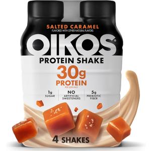 Oikos Protein Shake, Salted Caramel, 30g High Protein Drinks, Shelf Stable, Ready to Drink, 5g Prebiotic Fiber, 12 fl oz Bottle, 4 Count (EXP 03/18/27)
