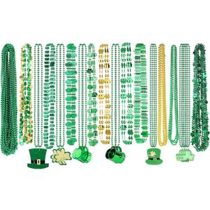 Fovths 100 Pieces St Patrick's Day Beads Necklaces Bulk 18 Kinds of Pendants Green Shamrock Coins Hat St Patricks Beads Necklace for Parade St Patrick's Day Decoration Party Supplies