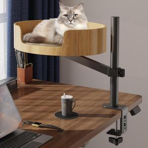 Cat Desk Bed  Cat Bed for Indoor Cats with Adjustable Height&360 Rotation, Elevated Desk Nest Cats Beds for Table, Desktop Cat's Hammock for Small Space, Wooden Cat's Bed Desktop Kitten Furniture (Oak)
