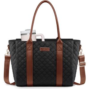 LOVEVOOK Teacher Tote Bag for Women, Quilted Work Tote Nurse Laptop Bag, Large Computer Shoulder Bags with Zipper for Travel (15.6 Inch, Black-brown-b)