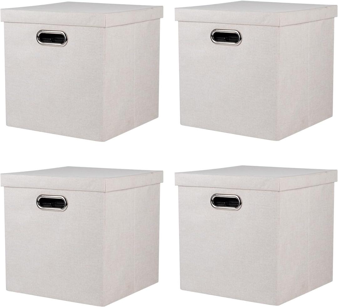 Storage Bins with Lids, Collapsible Linen Fabric Boxes Organizer Containers with Lid Foldable Storage Box Basket for Closet, Shelves, Home, Office, 12 x 12 x 12.4 Inch, 4 Pack, Beige