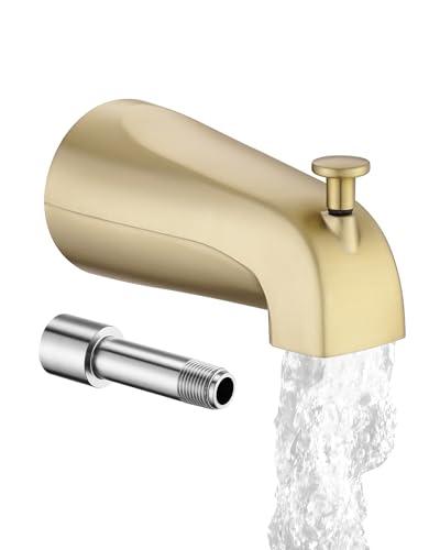 All Metal Bathtub Spout with Diverter, 5.3 Inch Tub Spout, Fits 1/2" Copper Slip-On and 1/2" or 3/4" IPS Threaded Pipes, Easy Lift to Switch, Leak-Free, Easy DIY Installation, Brushed Gold
