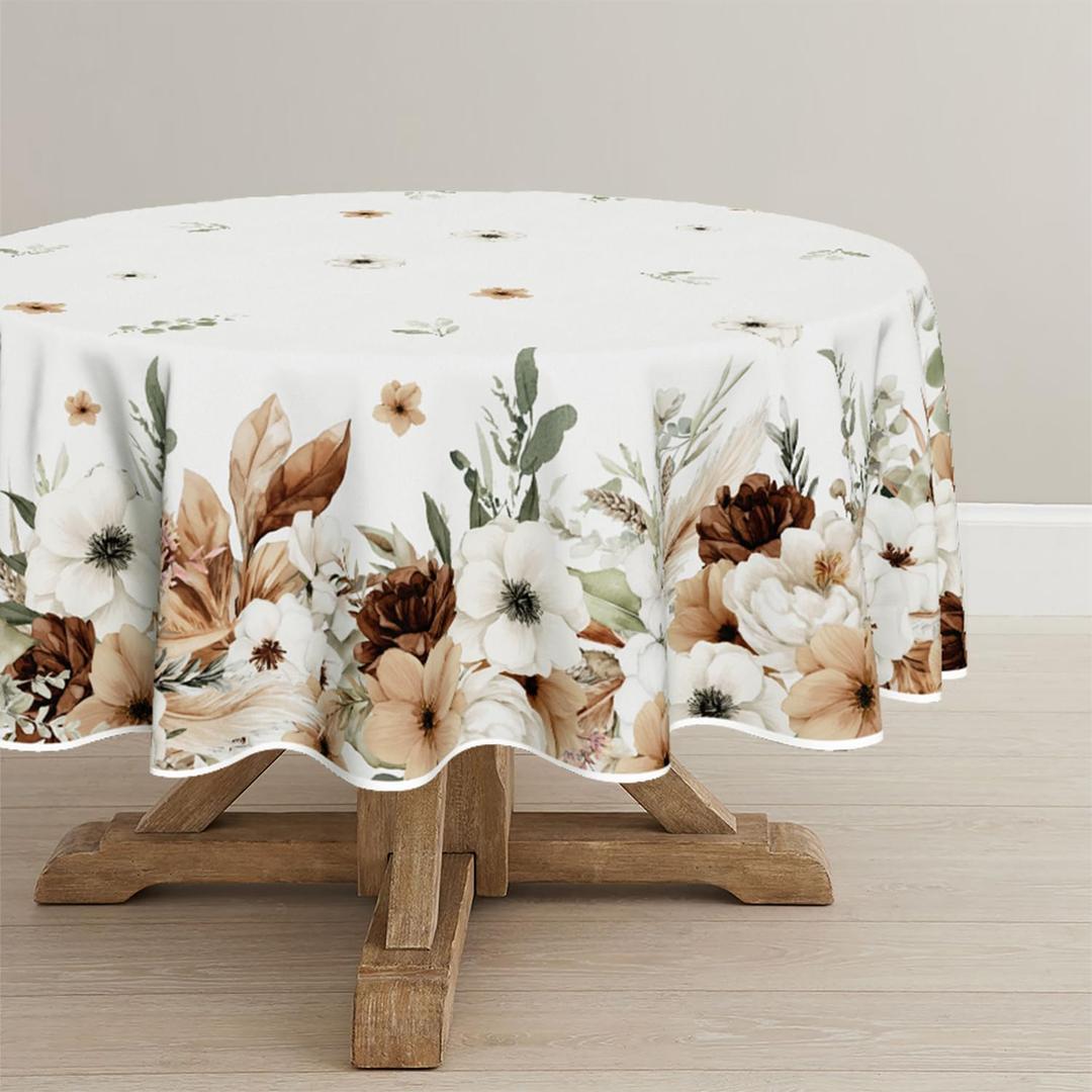 Horaldaily Spring Tablecloth 90×90 Inch Round, Boho Naturalistic Style Brown Flower Washable Seasonal Table Cover for Party Picnic Dinner Decor