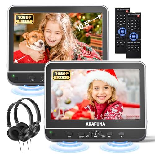 Car DVD Player with Headrest Mount, Arafuna Headrest DVD Player for Car with Headphone,Support HDMI Input, 1080P Video, USB/SD, AV in/Out, Last Memory&Region Free