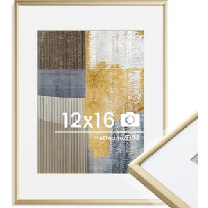 12x16 inch Metal Picture Frame - 12 x 16 Thin Aluminum Photo Frames with 9x12 Removable Mat - High Definition Plexiglass - Vertical and Horizontal Display - Wall Hook Hanging Hardware Included - Gold, Set of 1 (12x16in, 1Pack)