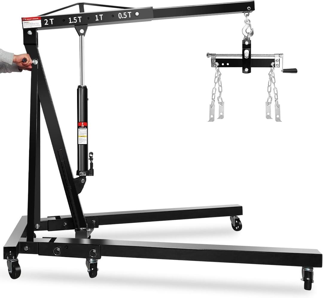 2-Ton Hydraulic Shop Crane Folding Engine Hoist with Lever, 4400Lbs Capacity w/6 Steel Casters - Heavy-Duty Portable Car Lift for Truck Engines, Boat Motors, Farm Equipment (Net Wt. 168 lbs)