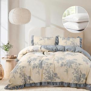 Oli Anderson Floral Comforter Set King Size, 5 Piece Vintage Botanical Print Bedding Set, Farmhouse Lightweight Bed in a Bag with 1 Ruffle Flowers Comforter, 2 Pillowcases, 2 Pillows (Blue, King)