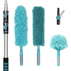 TelesPro 20 Foot High-Reach Duster Kit with 5-12FT Extendable Pole - High Ceiling Duster Cleaning Kit with Telescopic Pole,Cobweb Duster, Chenille Ceiling Fan Duster, Microfiber Feather Duster
