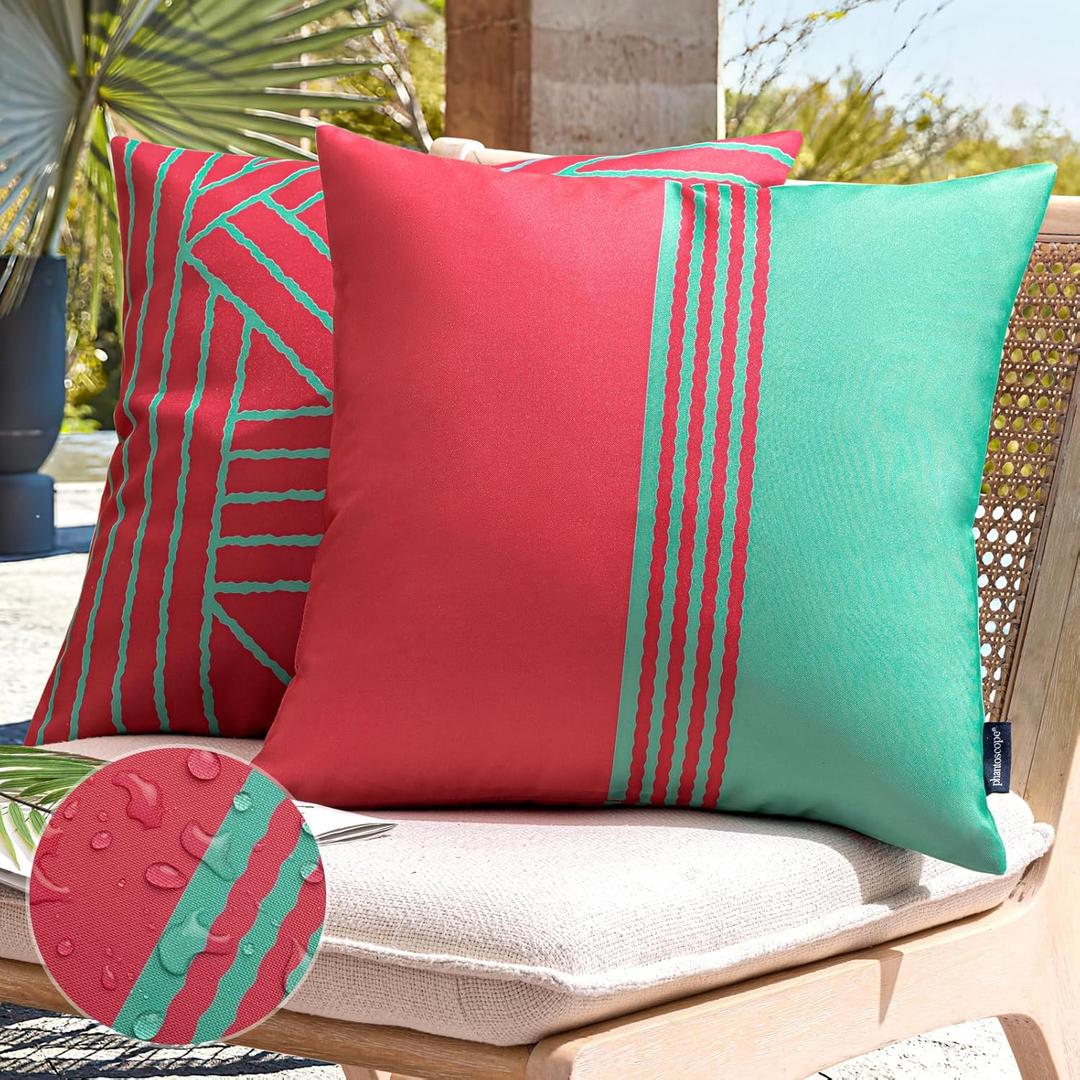 Phantoscope Pack of 2 Outdoor Indoor Throw Decorative Pillow Cover Contrast Color Design Decorative Waterproof Patio Pillows Cushion Case for Couch Tent Park,Pink and Green,18 x 18 in