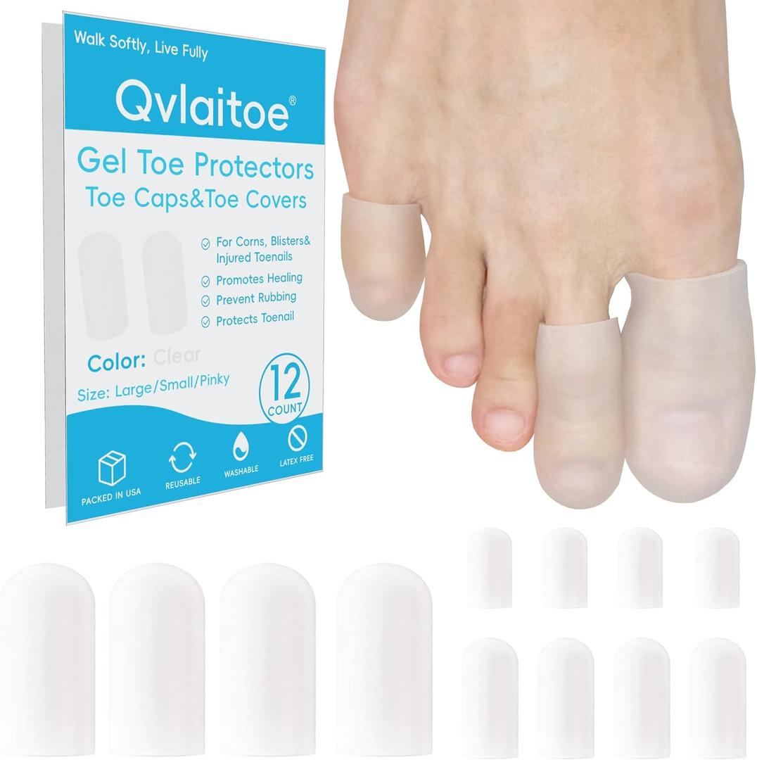 Gel Toe Protectors and Toe Caps - Toe Cushions for Missing or Ingrown Toenails, Corns, Blisters, Hammer Toes (Clear, 12 Pack, Multi-Size)