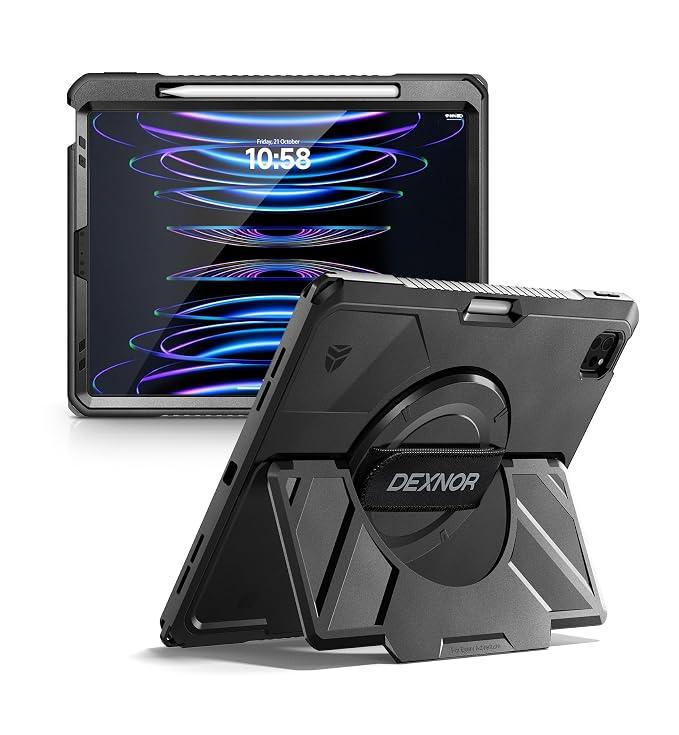 Dexnor Case for iPad Pro 12.9 inch 6th/5th/4th/3rd Gen Extra-Wide Stand
Rugged Protective Case, 360° Rotating Hand Strap, Built-in Screen Protector, Pencil Holder, Shockproof Full-body, Black