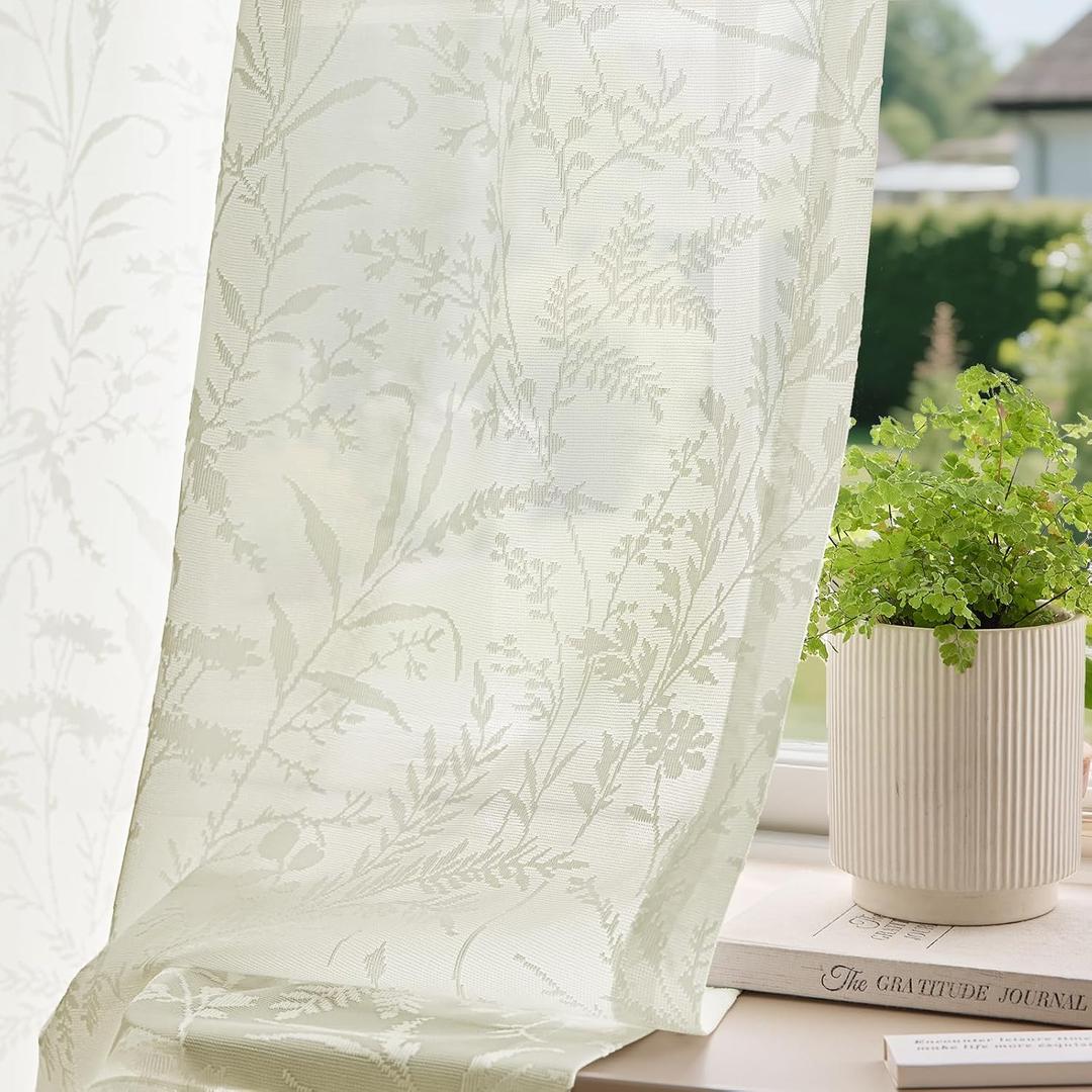 Anmao Cream Semi Sheer Light Filtering Curtains 84 Inches Long 2 Panels, Leaf Pattern Drapes for Living Room Bedroom, Rod Pocket Sheer Window Treatments with Floral Design, 52x84 Inch, Ivory