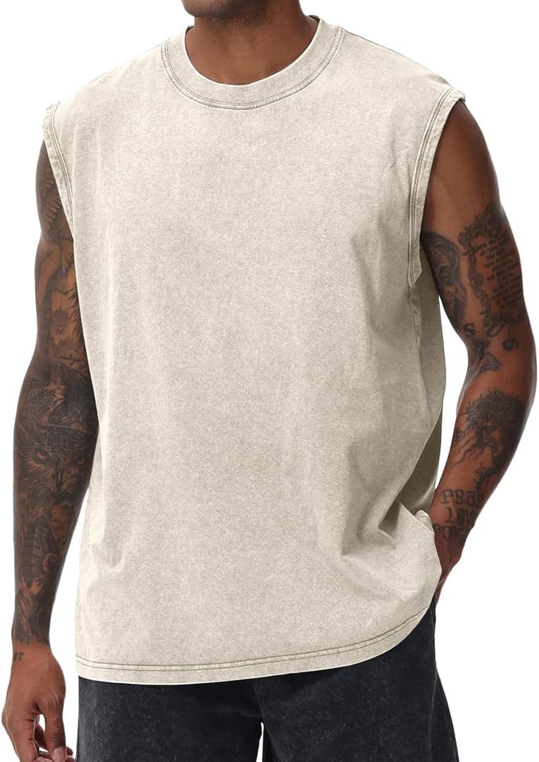Yimoon Mens Tank Tops Workout Sleeveless Shirts Cotton Acid Wash Tees Loose Gym Muscle Shirts, XL