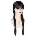 Women Long Black Braids Wig with Bangs Long Straight Pigtails Wig for Adult Costume, Halloween Wig